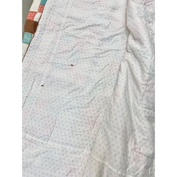 Vintage 70's Handmade Pink Turquoise Brown 92" x 70" Irish Chain Block Quilt - Picture 5 of 7